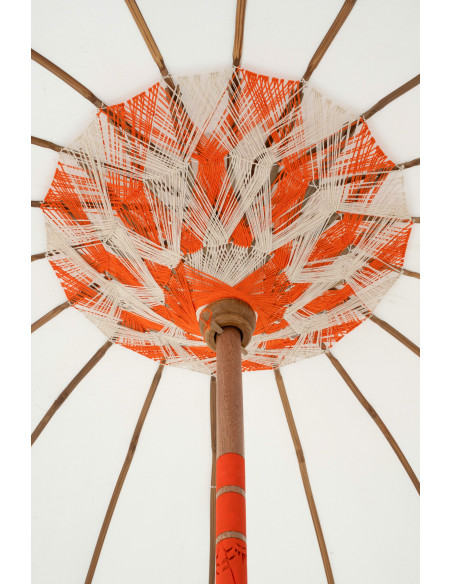 Parasol bohème balinais Rond 180x260 Coton Blanc écru Orange Bois Bambou Flavie 