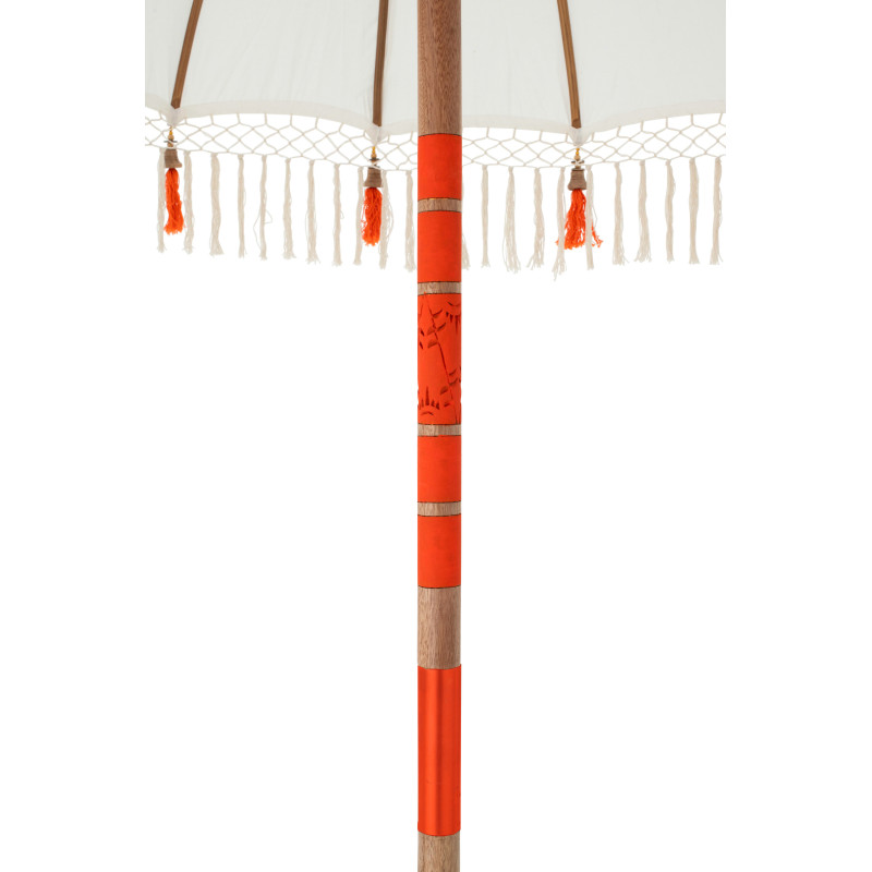 Parasol bohème balinais Rond 180x260 Coton Blanc écru Orange Bois Bambou Flavie 