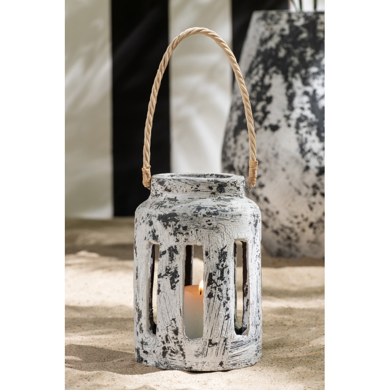 Lanterne Photophore ethnique moderne Terre cuite Noir Blanc Ruby 