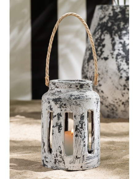 Lanterne Photophore ethnique moderne Terre cuite Noir Blanc Ruby 