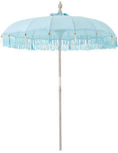 Grand Parasol bohème balinais Rond 200x250 Coton Bleu clair Avec franges Bambou Bois Bobbi 