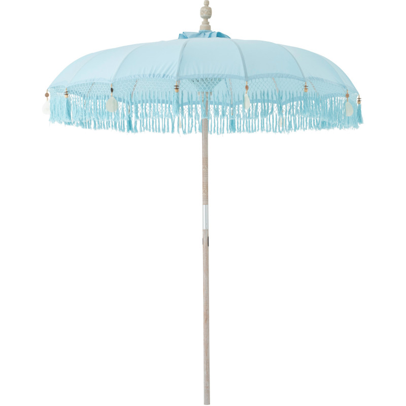 Grand Parasol bohème balinais Rond 200x250 Coton Bleu clair Avec franges Bambou Bois Bobbi 