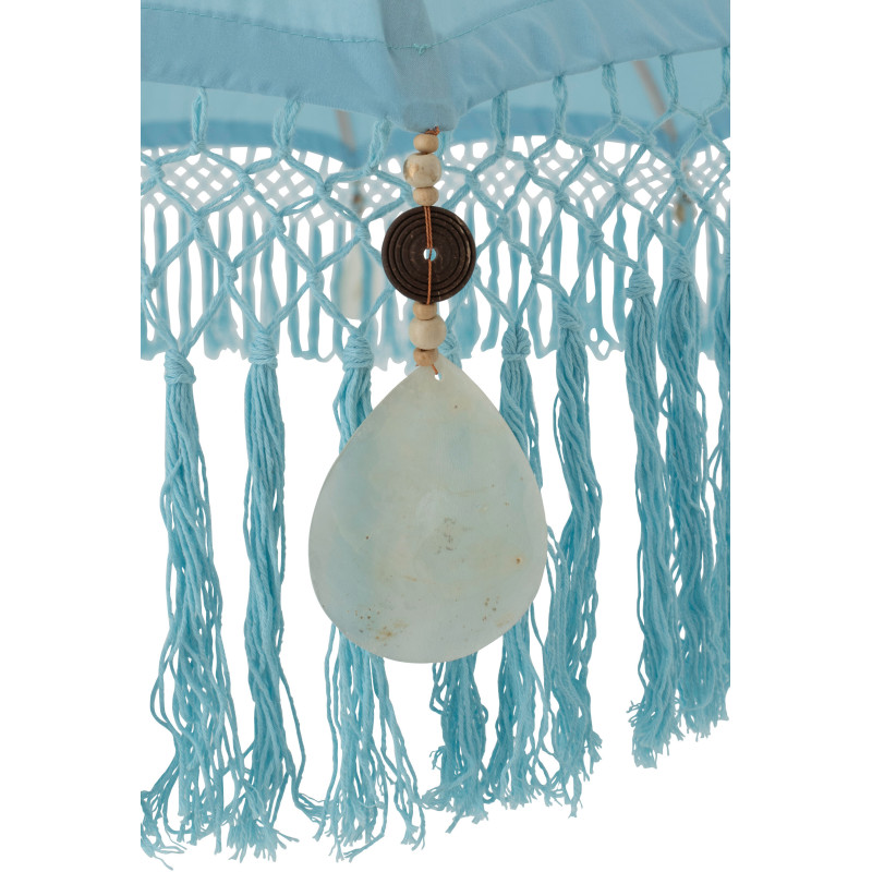 Grand Parasol bohème balinais Rond 200x250 Coton Bleu clair Avec franges Bambou Bois Bobbi 