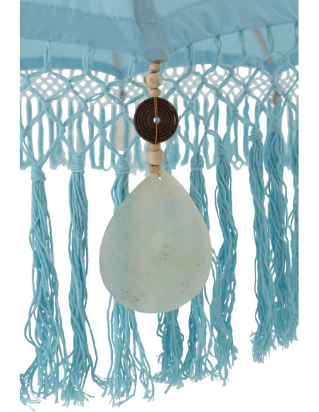 Grand Parasol bohème balinais Rond 200x250 Coton Bleu clair Avec franges Bambou Bois Bobbi 
