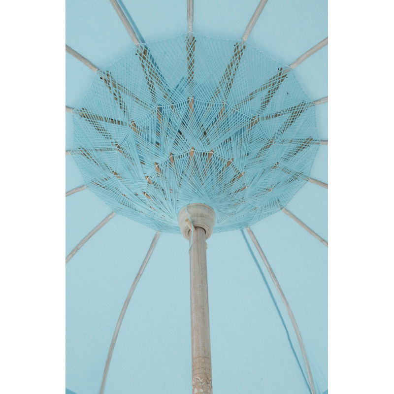 Grand Parasol bohème balinais Rond 200x250 Coton Bleu clair Avec franges Bambou Bois Bobbi 