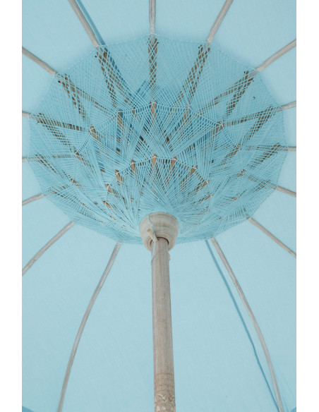Grand Parasol bohème balinais Rond 200x250 Coton Bleu clair Avec franges Bambou Bois Bobbi 