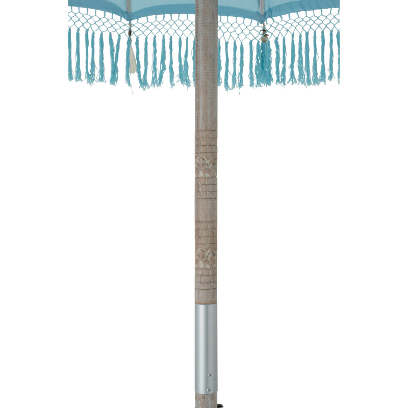 Grand Parasol bohème balinais Rond 200x250 Coton Bleu clair Avec franges Bambou Bois Bobbi 
