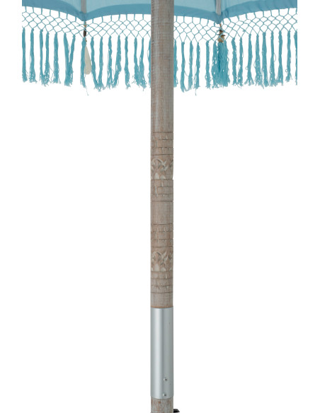 Grand Parasol bohème balinais Rond 200x250 Coton Bleu clair Avec franges Bambou Bois Bobbi 
