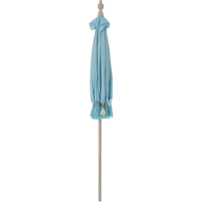 Grand Parasol bohème balinais Rond 200x250 Coton Bleu clair Avec franges Bambou Bois Bobbi 