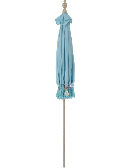 Grand Parasol bohème balinais Rond 200x250 Coton Bleu clair Avec franges Bambou Bois Bobbi 