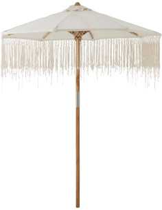 Grand Parasol bohème balinais Rond 200x250 Coton Blanc écru Macramé Bambou Bois Sabila 
