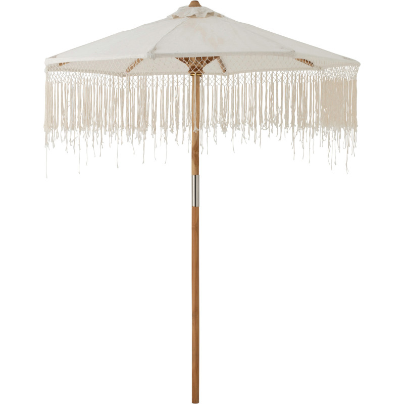 Grand Parasol bohème balinais Rond 200x250 Coton Blanc écru Macramé Bambou Bois Sabila 