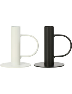 Lot de 2 Bougeoirs design minimalistes avec poignée H 10 cm Métal Blanc Noir Haloa 