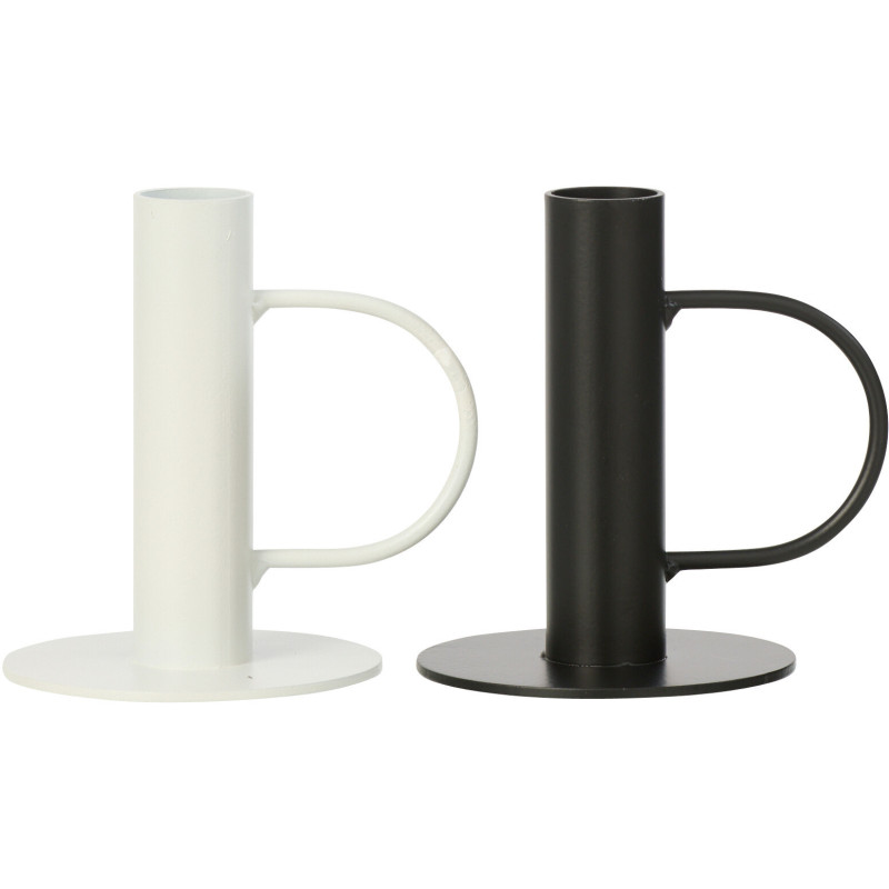 Lot de 2 Bougeoirs design minimalistes avec poignée H 10 cm Métal Blanc Noir Haloa 