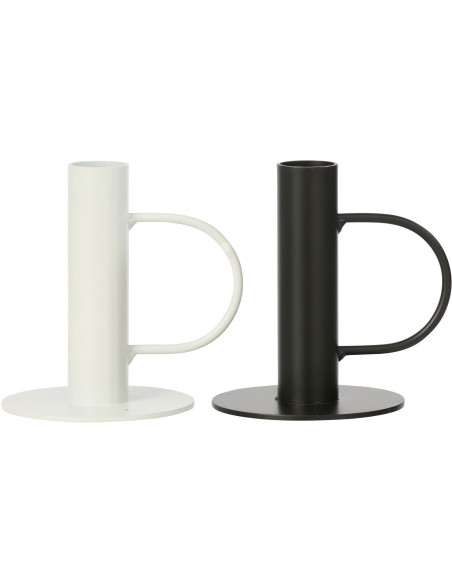Lot de 2 Bougeoirs design minimalistes avec poignée H 10 cm Métal Blanc Noir Haloa 