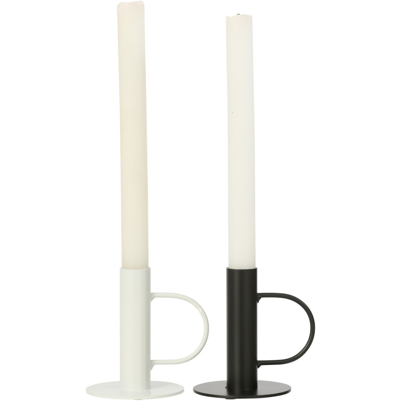 Lot de 2 Bougeoirs design minimalistes avec poignée H 10 cm Métal Blanc Noir Haloa 