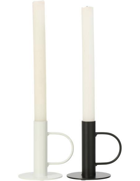 Lot de 2 Bougeoirs design minimalistes avec poignée H 10 cm Métal Blanc Noir Haloa 