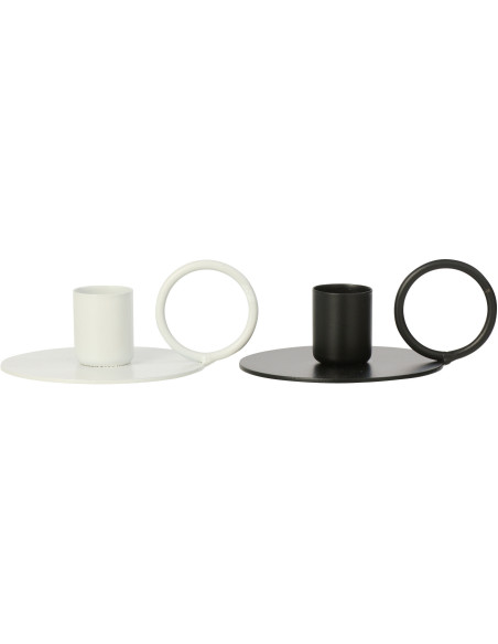 Lot de 2 Bougeoirs design minimalistes avec poignée H 4 cm Métal Blanc Noir Haloa 