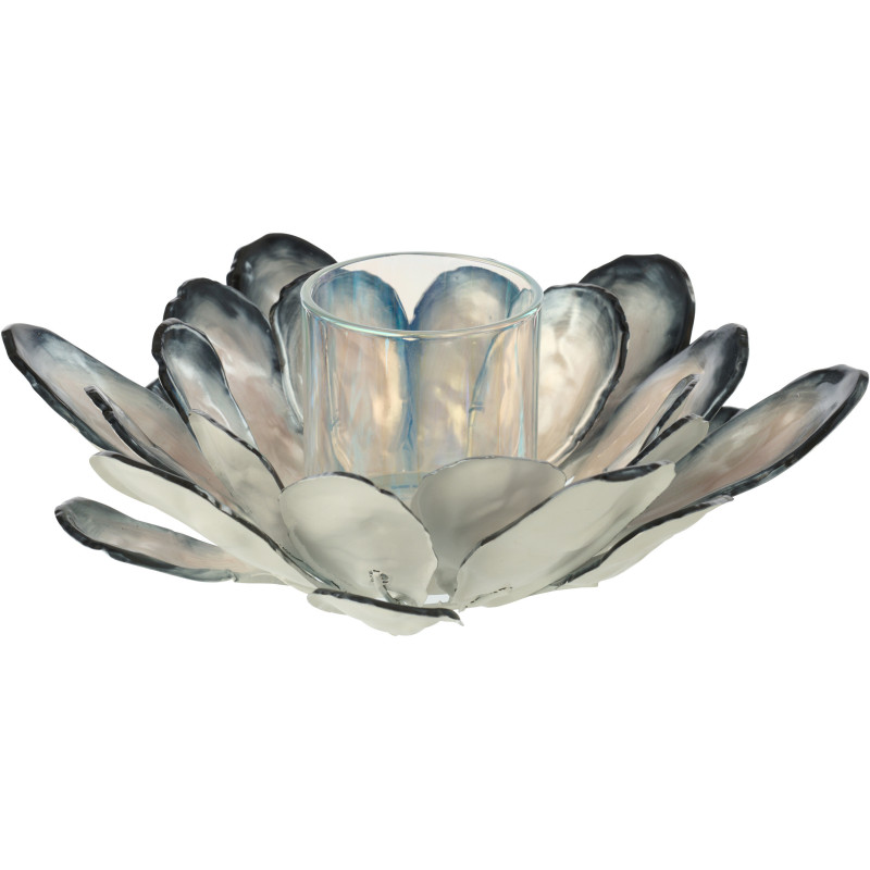 Photophore original Fleur Coquillage 25 cm Métal Blanc Bleu foncé Effet nacré Verre Transparent Shell 