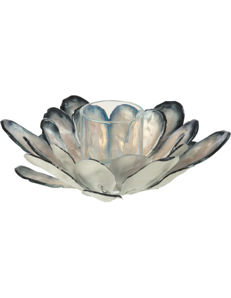 Photophore original Fleur Coquillage 25 cm Métal Blanc Bleu foncé Effet nacré Verre Transparent Shell 
