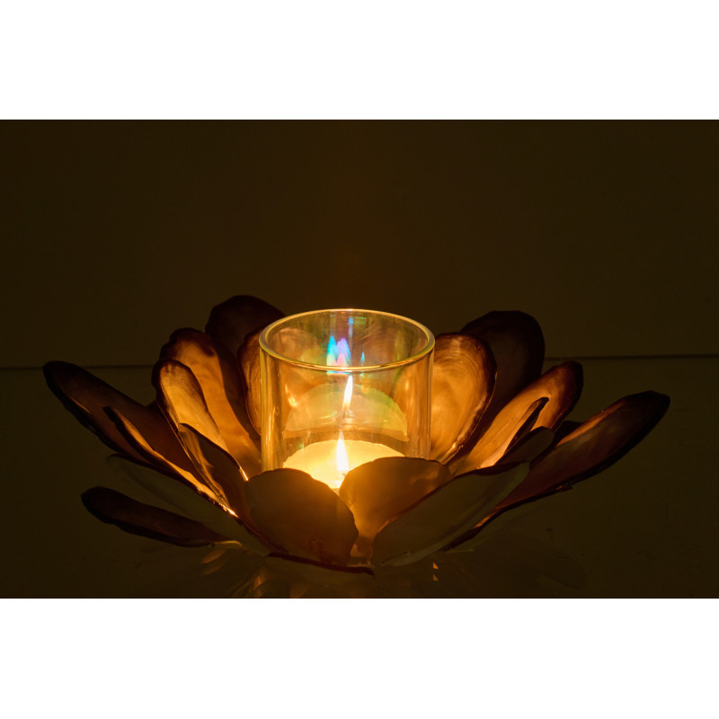 Photophore original Fleur Coquillage 25 cm Métal Blanc Bleu foncé Effet nacré Verre Transparent Shell 