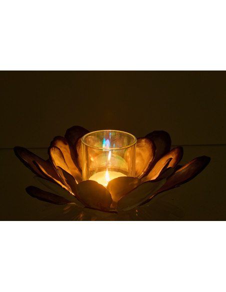 Photophore original Fleur Coquillage 25 cm Métal Blanc Bleu foncé Effet nacré Verre Transparent Shell 