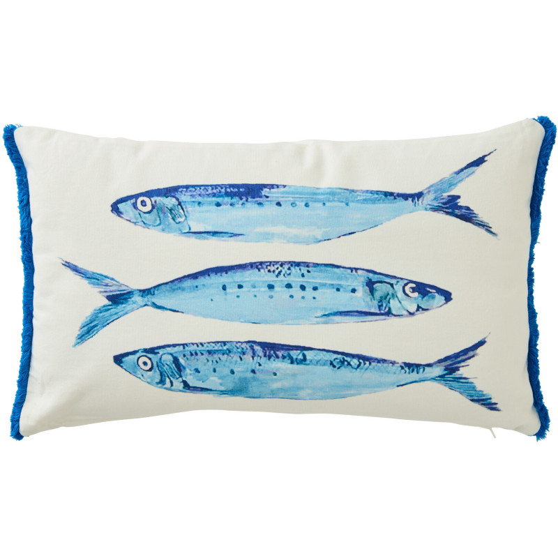 Coussin bord de mer Sardines Rectangulaire 50x30 Tissu Blanc Bleu Avec franges Arenza 