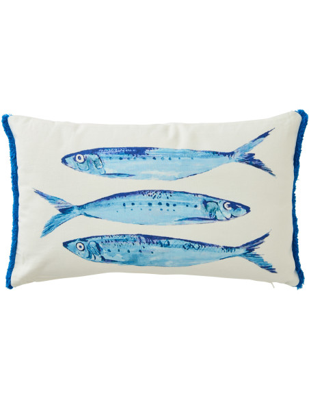 Coussin bord de mer Sardines Rectangulaire 50x30 Tissu Blanc Bleu Avec franges Arenza 