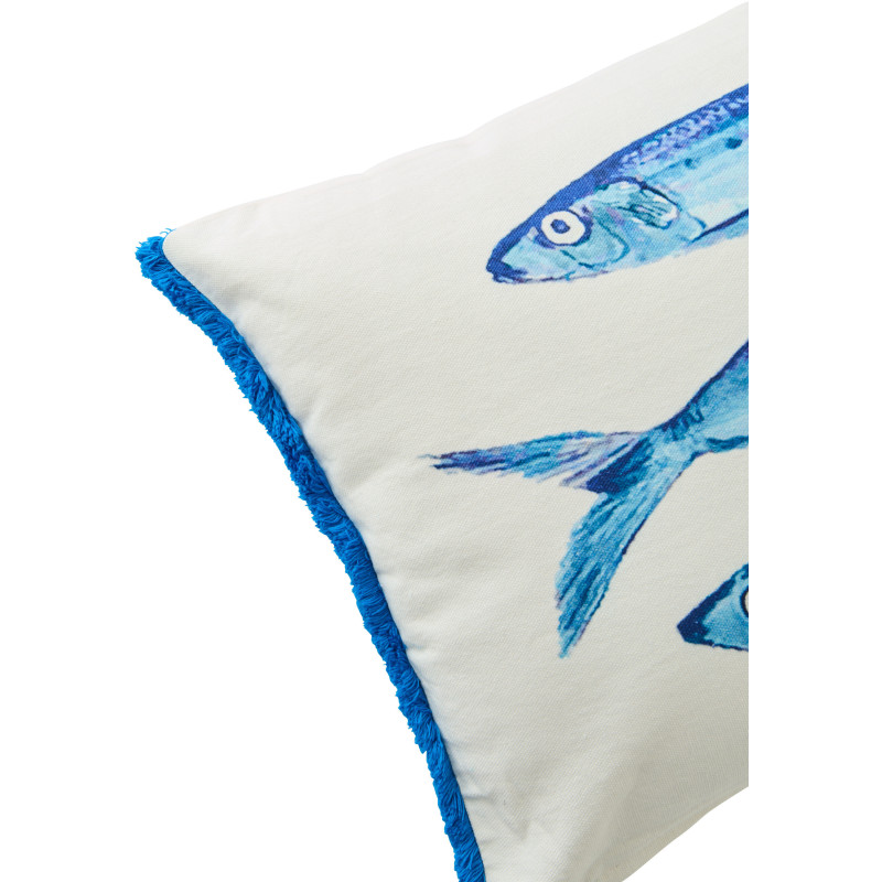 Coussin bord de mer Sardines Rectangulaire 50x30 Tissu Blanc Bleu Avec franges Arenza 