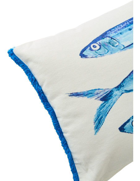 Coussin bord de mer Sardines Rectangulaire 50x30 Tissu Blanc Bleu Avec franges Arenza 