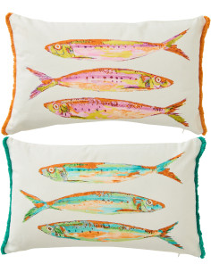 Lot de 2 Coussins bord de mer Sardines Rectangulaire 50x30 Tissu Blanc Orange Vert Avec franges Arenza 