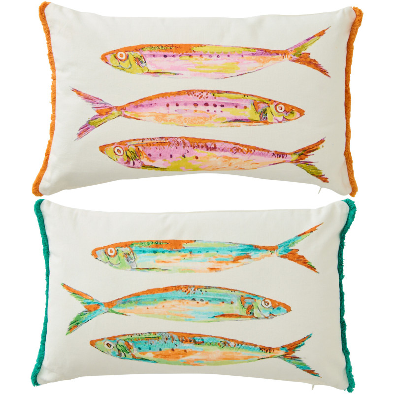 Lot de 2 Coussins bord de mer Sardines Rectangulaire 50x30 Tissu Blanc Orange Vert Avec franges Arenza 