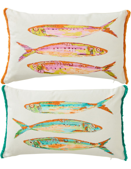 Lot de 2 Coussins bord de mer Sardines Rectangulaire 50x30 Tissu Blanc Orange Vert Avec franges Arenza 