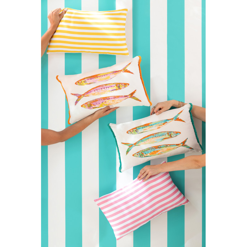 Lot de 2 Coussins bord de mer Sardines Rectangulaire 50x30 Tissu Blanc Orange Vert Avec franges Arenza 