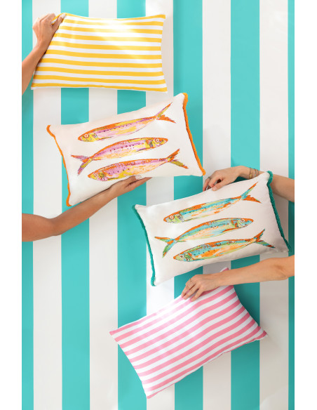 Lot de 2 Coussins bord de mer Sardines Rectangulaire 50x30 Tissu Blanc Orange Vert Avec franges Arenza 