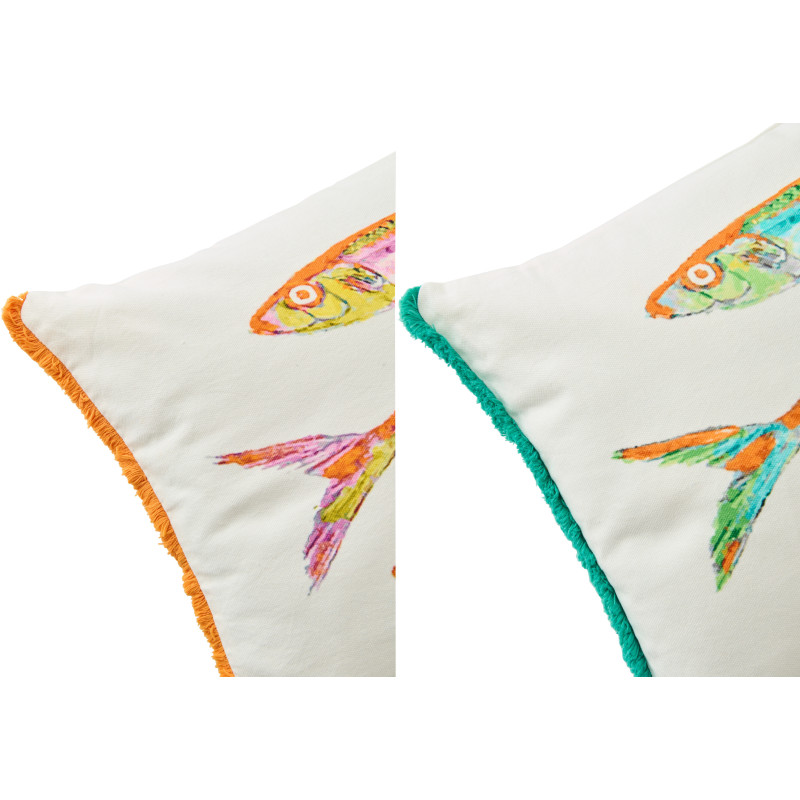 Lot de 2 Coussins bord de mer Sardines Rectangulaire 50x30 Tissu Blanc Orange Vert Avec franges Arenza 