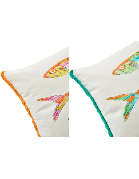Lot de 2 Coussins bord de mer Sardines Rectangulaire 50x30 Tissu Blanc Orange Vert Avec franges Arenza 
