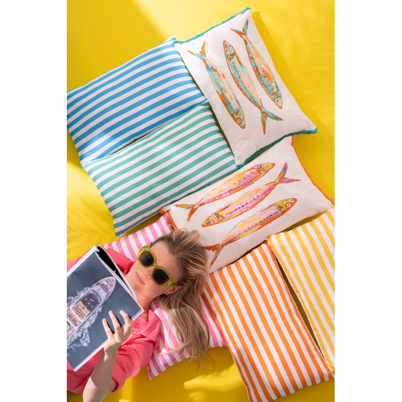 Lot de 2 Coussins bord de mer Sardines Rectangulaire 50x30 Tissu Blanc Orange Vert Avec franges Arenza 