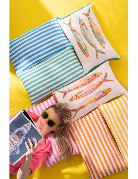 Lot de 2 Coussins bord de mer Sardines Rectangulaire 50x30 Tissu Blanc Orange Vert Avec franges Arenza 