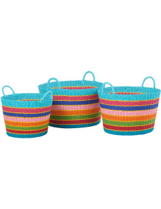 Lot de 3 Paniers de rangement africains avec anses Papier Multicolore Tressé Motif lignes Bambara 