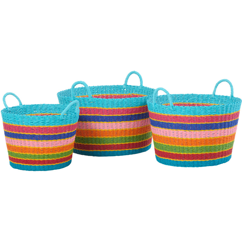 Lot de 3 Paniers de rangement africains avec anses Papier Multicolore Tressé Motif lignes Bambara 