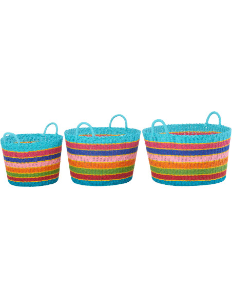 Lot de 3 Paniers de rangement africains avec anses Papier Multicolore Tressé Motif lignes Bambara 