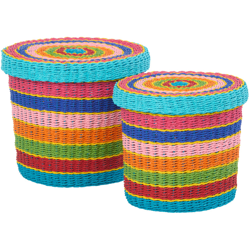 Lot de 2 Paniers de rangement africains avec couvercle Papier Multicolore Tressé Motif lignes Bambara 