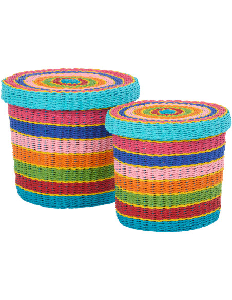 Lot de 2 Paniers de rangement africains avec couvercle Papier Multicolore Tressé Motif lignes Bambara 