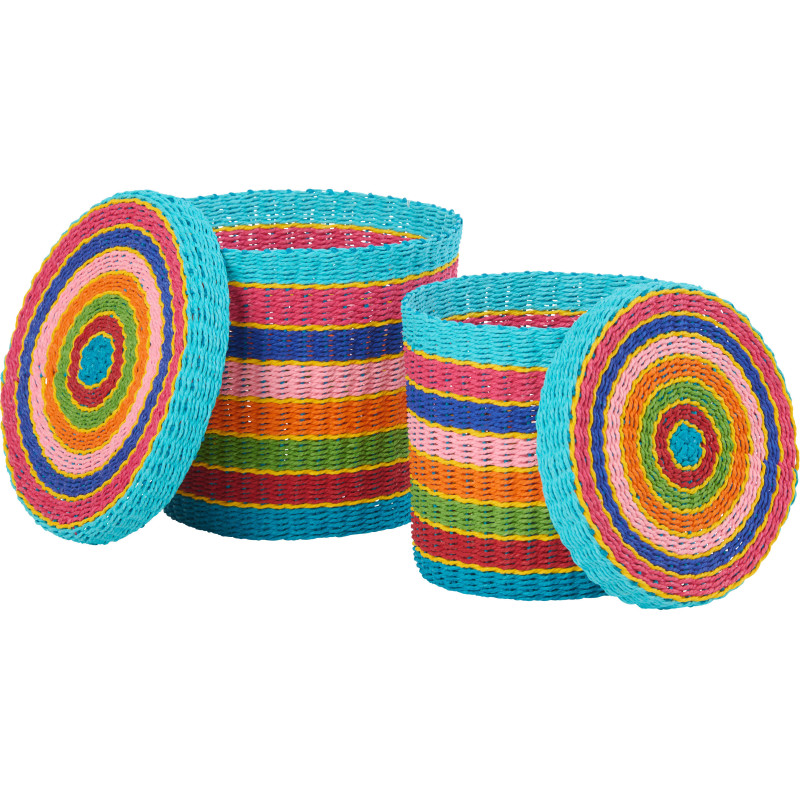 Lot de 2 Paniers de rangement africains avec couvercle Papier Multicolore Tressé Motif lignes Bambara 