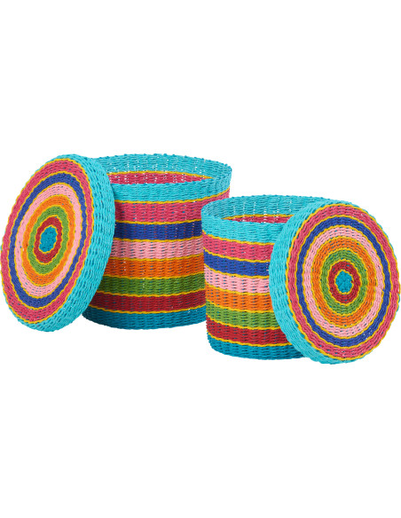 Lot de 2 Paniers de rangement africains avec couvercle Papier Multicolore Tressé Motif lignes Bambara 