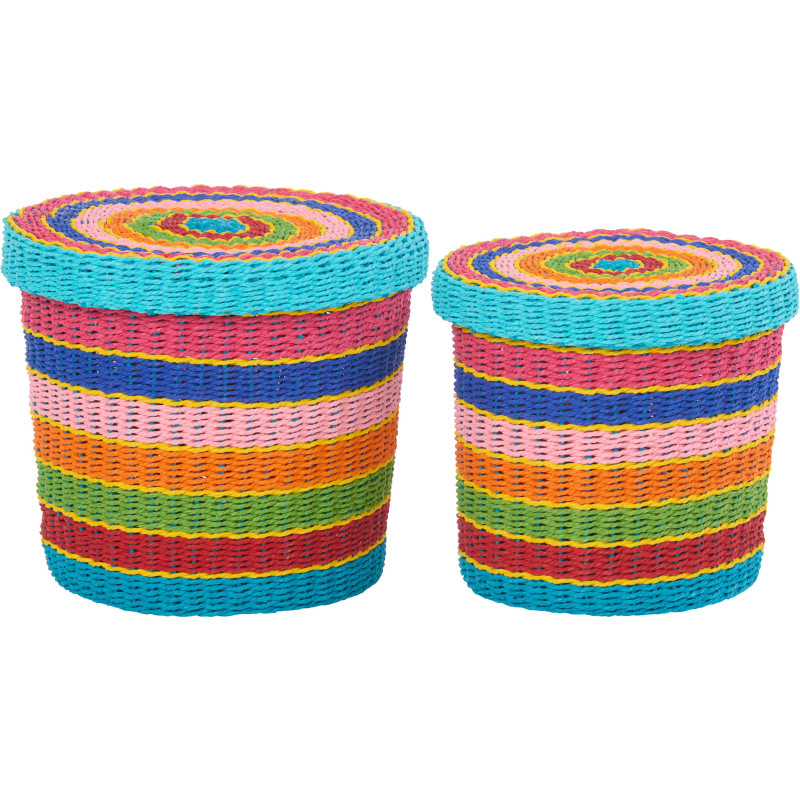 Lot de 2 Paniers de rangement africains avec couvercle Papier Multicolore Tressé Motif lignes Bambara 
