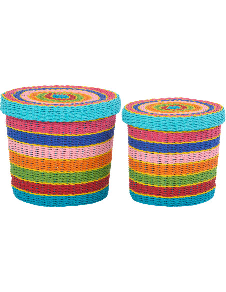 Lot de 2 Paniers de rangement africains avec couvercle Papier Multicolore Tressé Motif lignes Bambara 