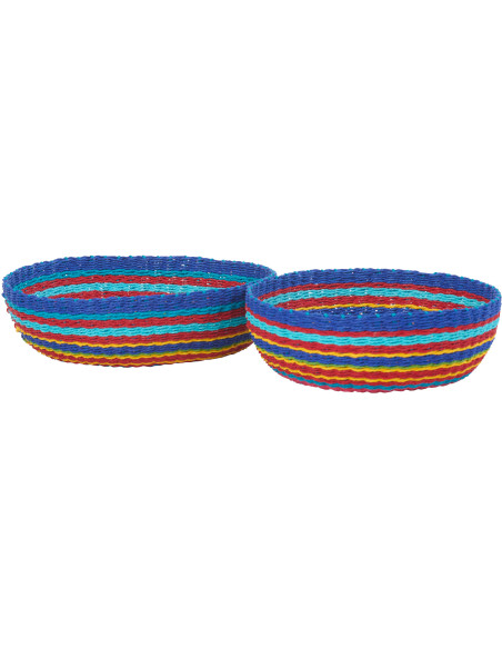 Lot de 2 Grands Bols déco africain Rond Papier Multicolore Tressé Motif lignes Bambara 