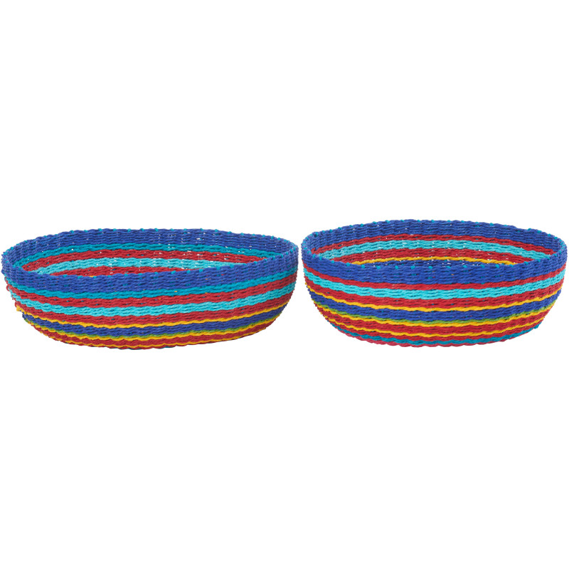 Lot de 2 Grands Bols déco africain Rond Papier Multicolore Tressé Motif lignes Bambara 